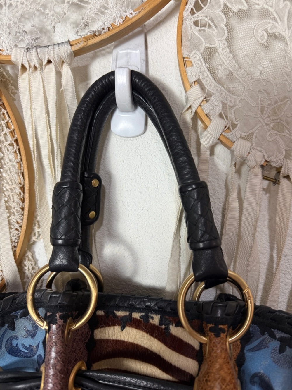 Isabella Fiore Vintage Leather and Patchwork Embroidered Handbag Purse - Picture 4 of 16